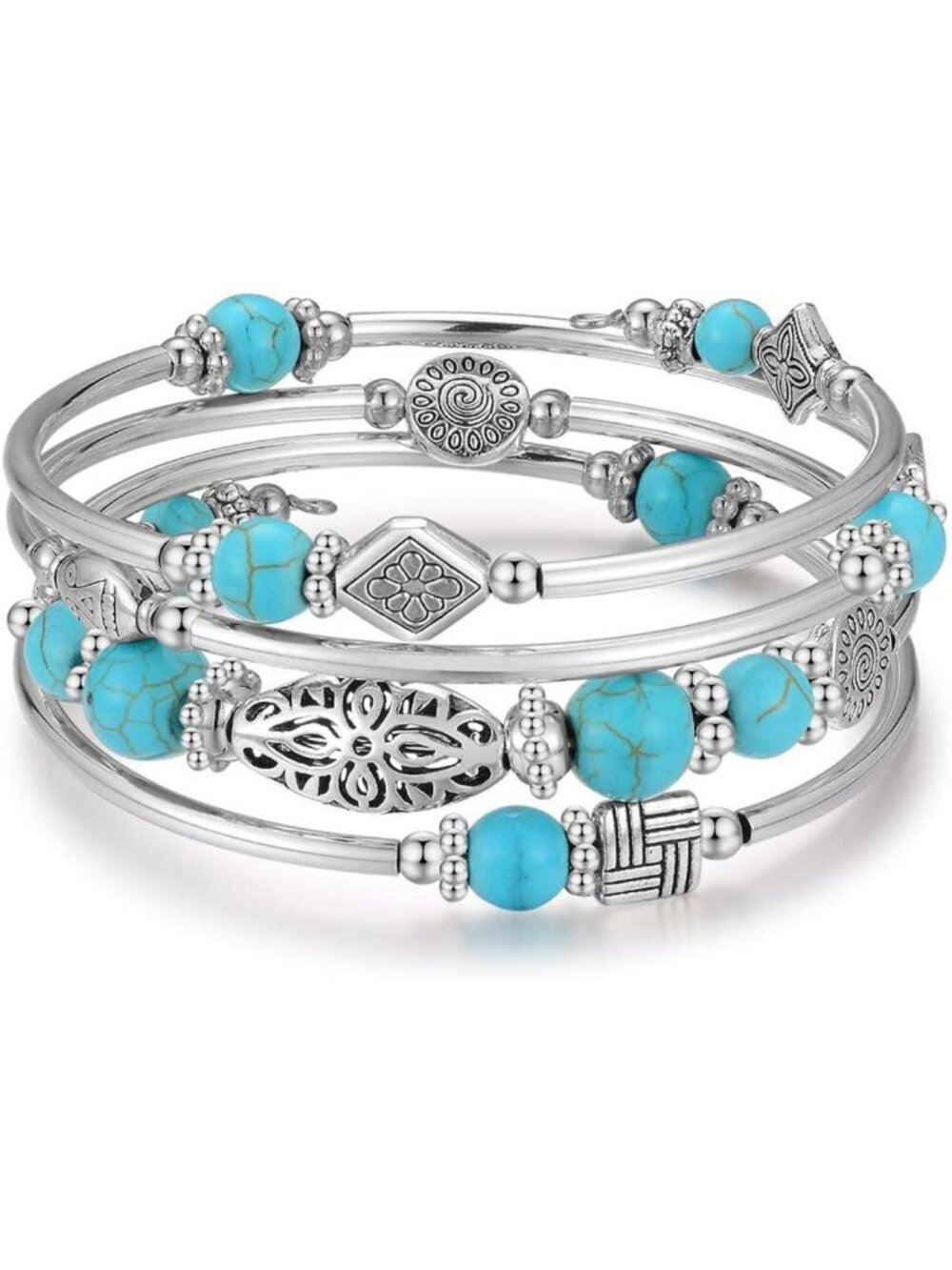 Layered Wrap Bangle Bracelet with Turquoise & Natural Agate - Unique Gift for